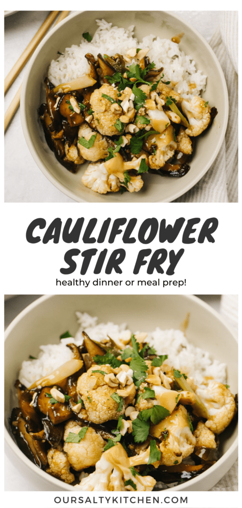 Pinterest collage for a cauliflower stir fry recipe, served over white rice.
