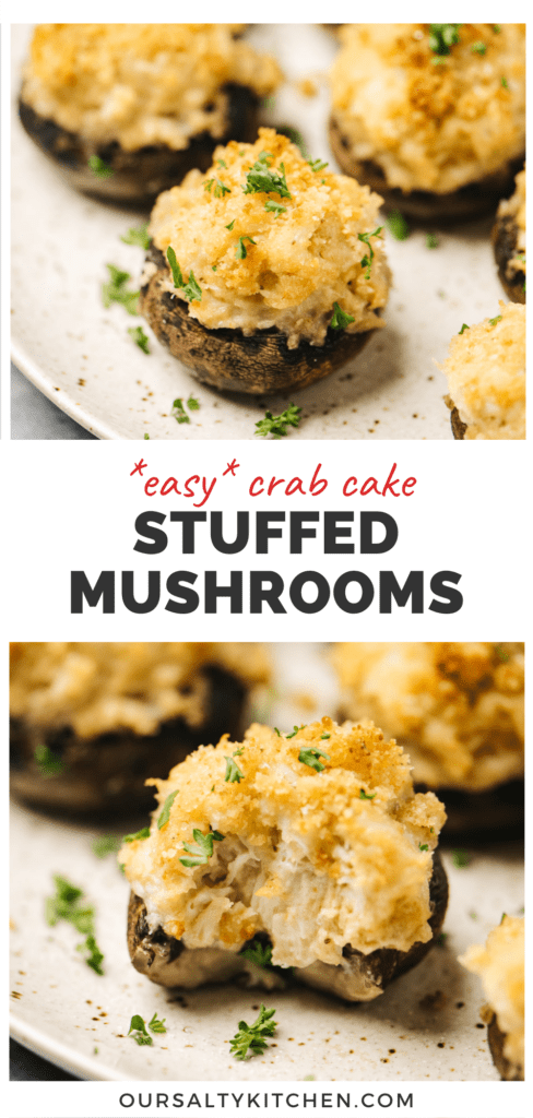 Pinterest collage for a crab stuffed mushrooms recipe.