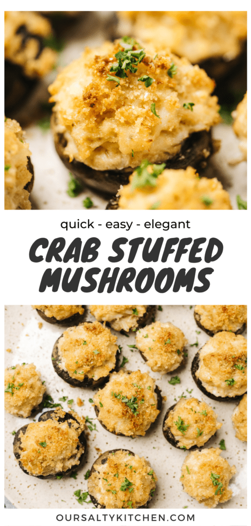 Pinterest collage for stuffed mushrooms with crab and cream cheese.