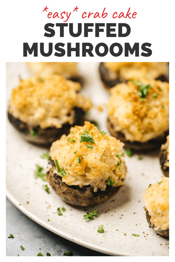 Pinterest image for a crab stuffed mushrooms recipe.