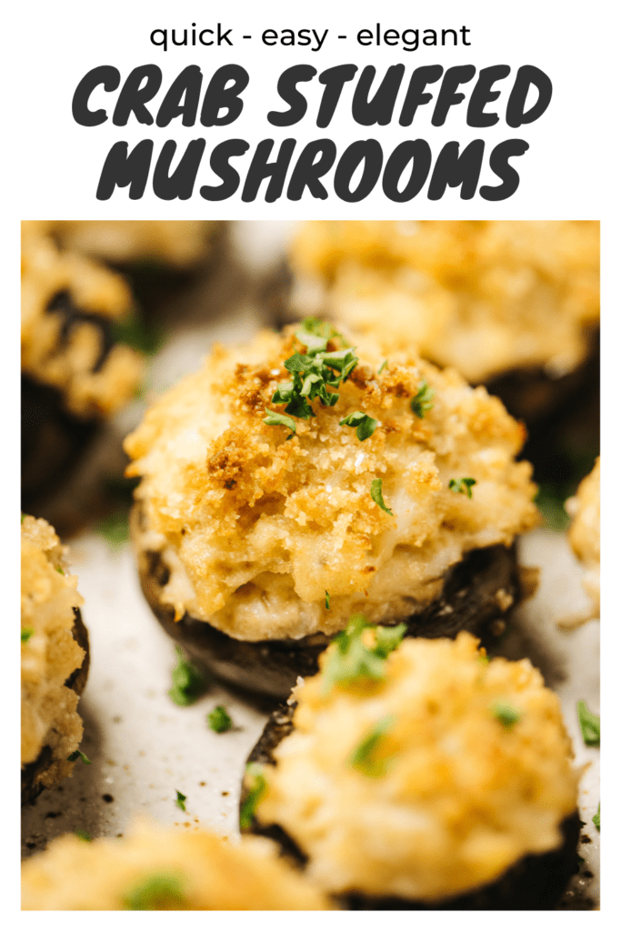 Pinterest image for stuffed mushrooms with crab and cream cheese.