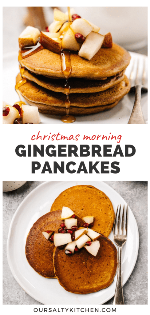 Pinterest collage for christmas morning gingerbread pancakes.