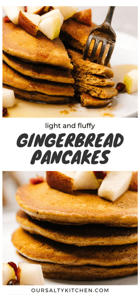 Pinterest collage for a gingerbread pancakes recipe.