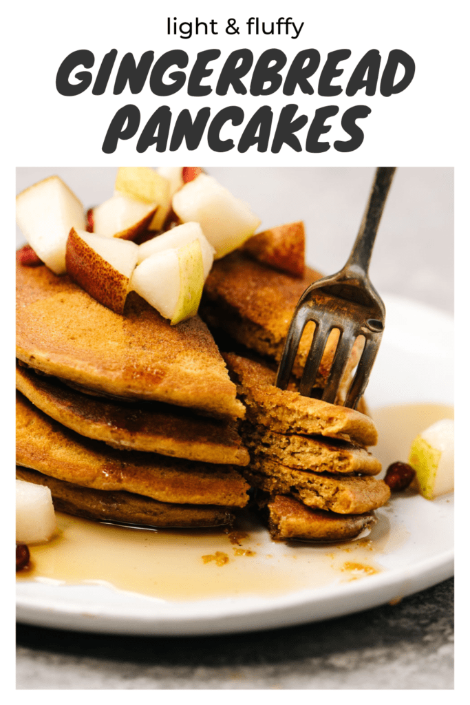 Pinterest image for a gingerbread pancakes recipe.