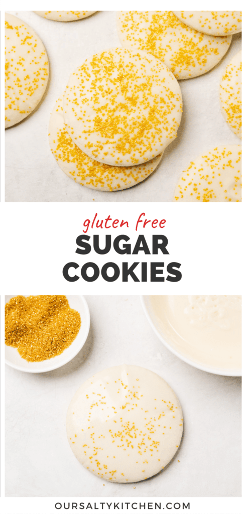 Pinterest collage for a gluten free sugar cookie recipe, with vanilla glaze.
