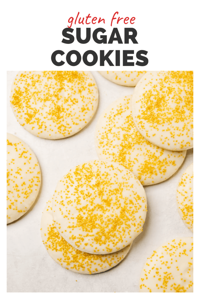 Pinterest image for a gluten free sugar cookie recipe, with vanilla glaze.