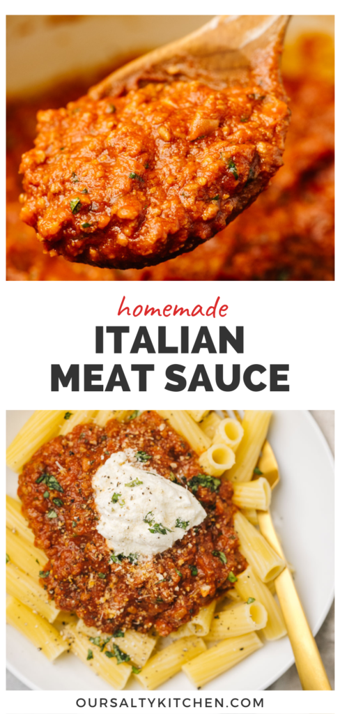 Pinterest collage for an italian meat sauce recipe.