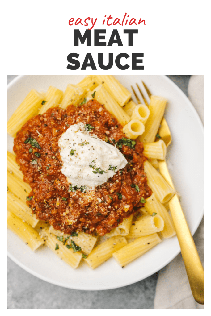 Pinterest image for an italian meat sauce recipe.