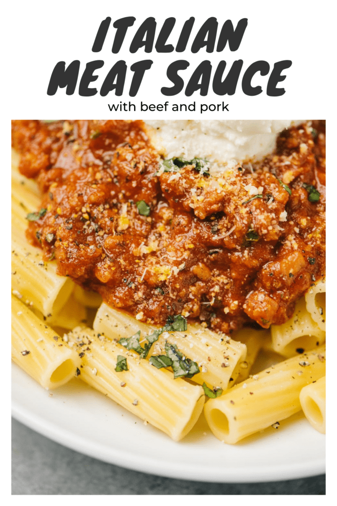 Pinterest image for spaghetti meat sauce with ground beef, italian sausage, and canned tomatoes.