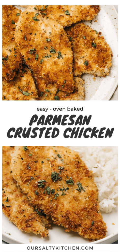 Pinterest collage for a crispy oven baked parmesan crusted chicken breast recipe.