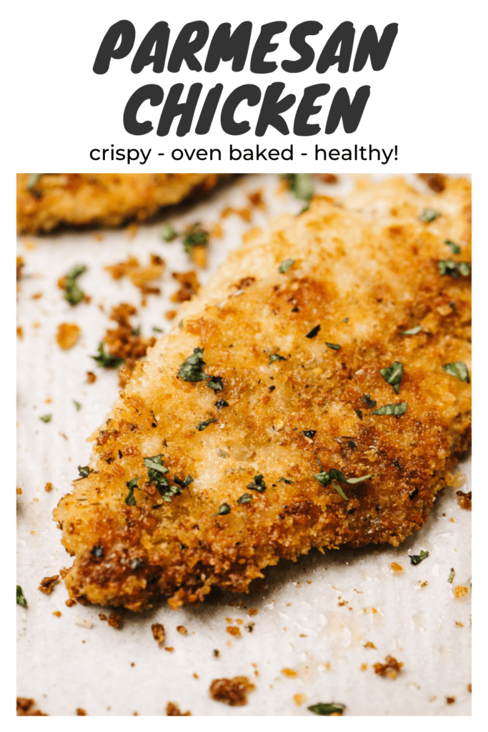 Pinterest image for a crispy oven baked parmesan crusted chicken breast recipe.