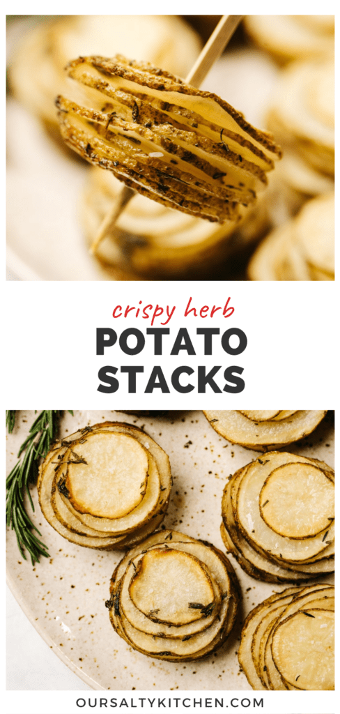 Pinterest collage for crispy potato stacks made with butter and fresh herbs.