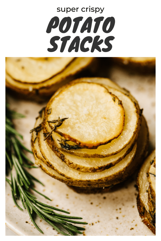 Pinterest image for a crispy potato stacks recipe.