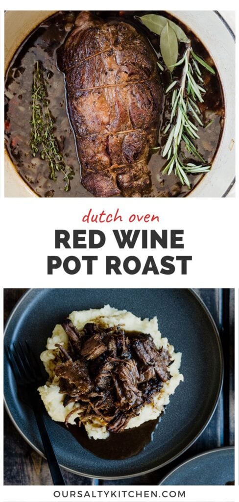 Top - pot roast nestled into red wine sauce in a dutch oven; bottom, red wine pot roast over mashed potatoes; title bar in the middle reads "dutch oven red wine pot roast".