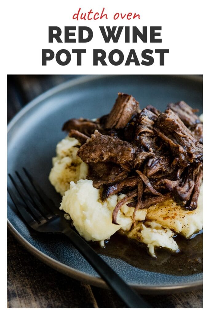 Side view, red wine pot roast over mashed potatoes with a title bar at the top that reads "dutch oven red wine pot roast".