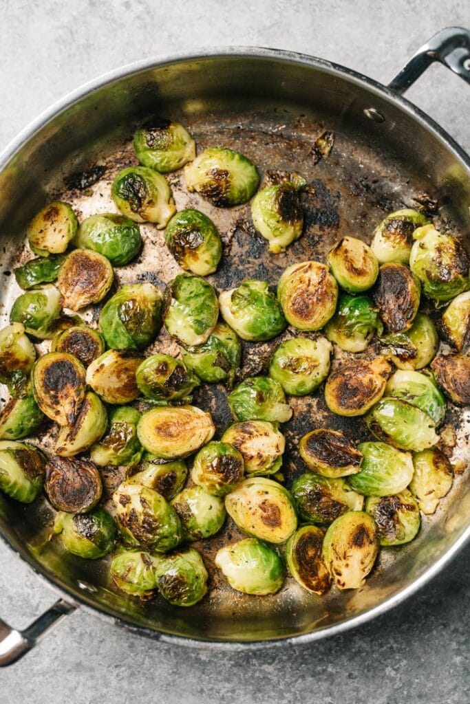 Pan sauteed brussels sprouts in a large skillet.