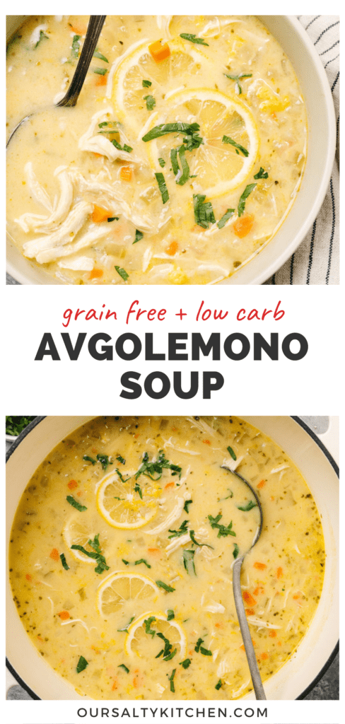 Pinterest collage for a grain free avgolemono soup recipe with cauliflower rice.