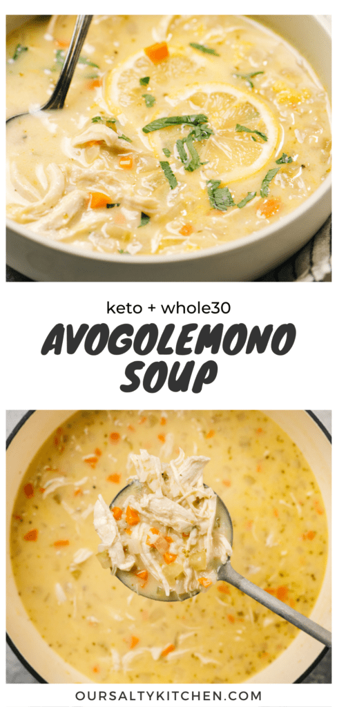 Pinterest collage for whole30 and keto greek lemon chicken soup with cauliflower rice.