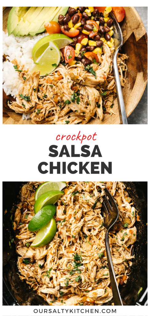 Pinterest collage for a crockpot salsa chicken recipe.