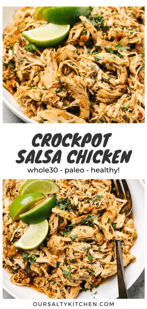 Pinterest collage for a healthy shredded salsa chicken recipe, made in the crockpot.