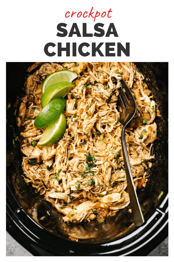 Pinterest image for a crockpot salsa chicken recipe.