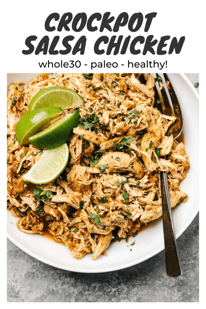 Pinterest image for a healthy shredded salsa chicken recipe, made in the crockpot.