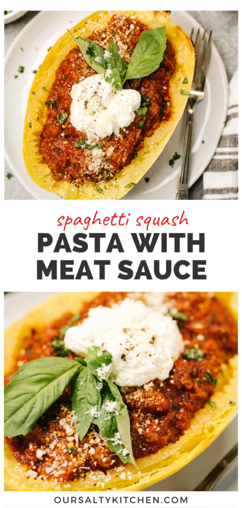 Pinterest collage for a keto spaghetti squash pasta recipe.
