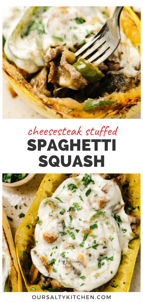 Pinterest collage for a keto cheesesteak stuffed spaghetti squash recipe.