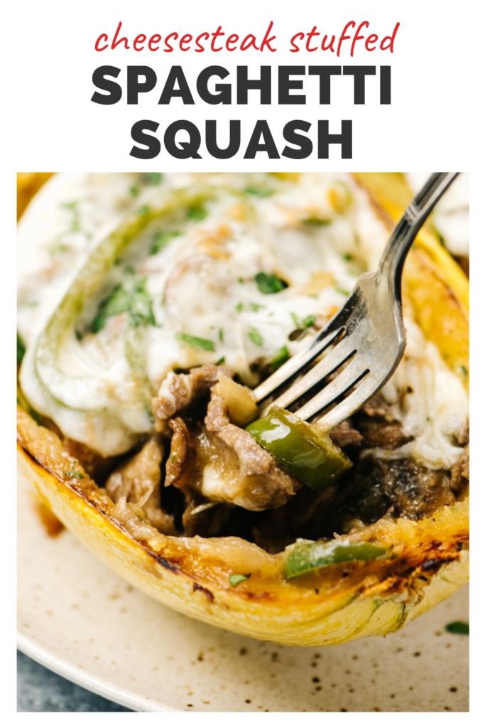Pinterest image for a stuffed spaghetti squash recipe, filled with cheesesteak stuffing and topped with melted provolone cheese.