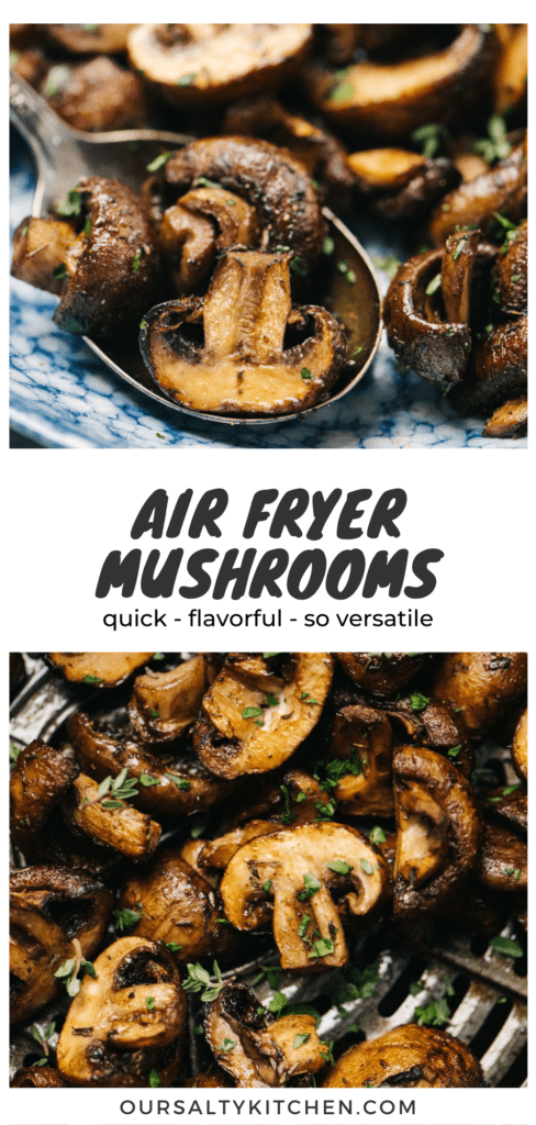 Pinterest collage for an air fryer mushrooms recipe.