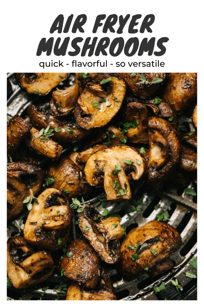 Pinterest image for an air fryer mushrooms recipe.
