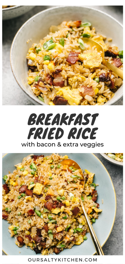Pinterest collage for fried rice with bacon and extra vegetables.