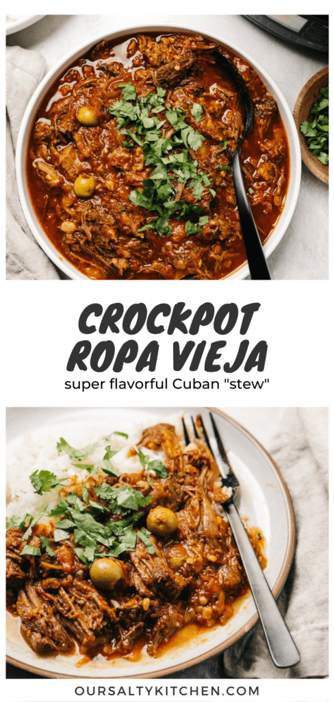 Pinterest collage for crockpot ropa vieja, a spiced Cuban stew with beef and peppers.