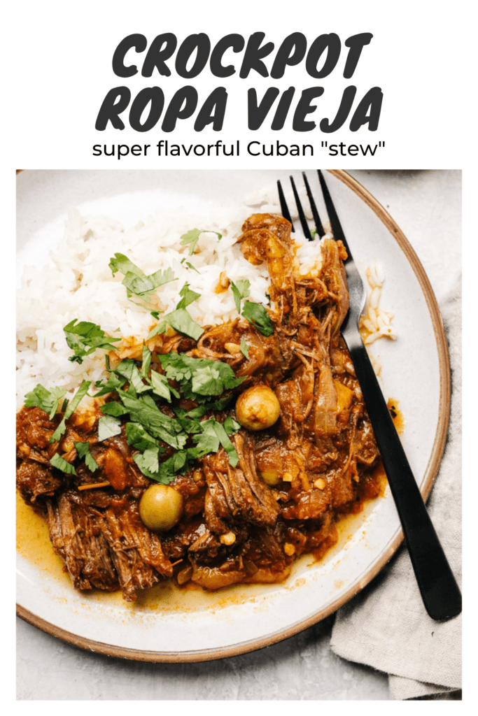 Pinterest image for crockpot ropa vieja, a spiced Cuban stew with beef and peppers.