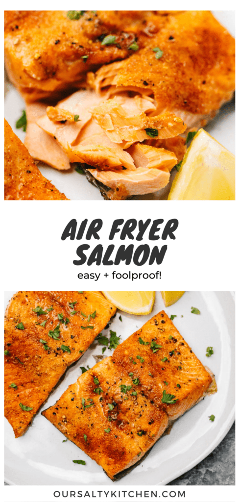 Pinterest collage for a recipe to cook salmon in the air fryer.