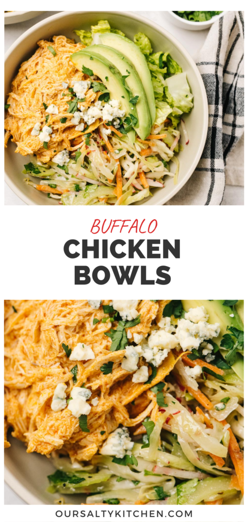 Pinterest collage for a buffalo chicken bowl recipe.