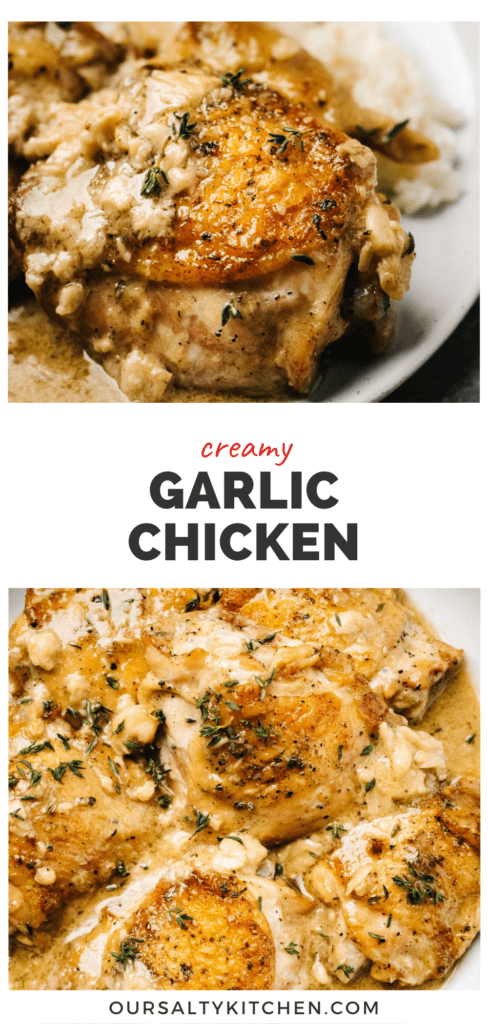 Pinterest collage for chicken thighs in garlic sauce.