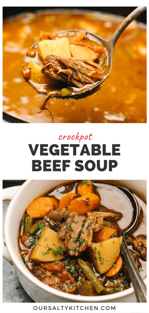 Pinterest collage for a crockpot vegetable beef soup recipe.
