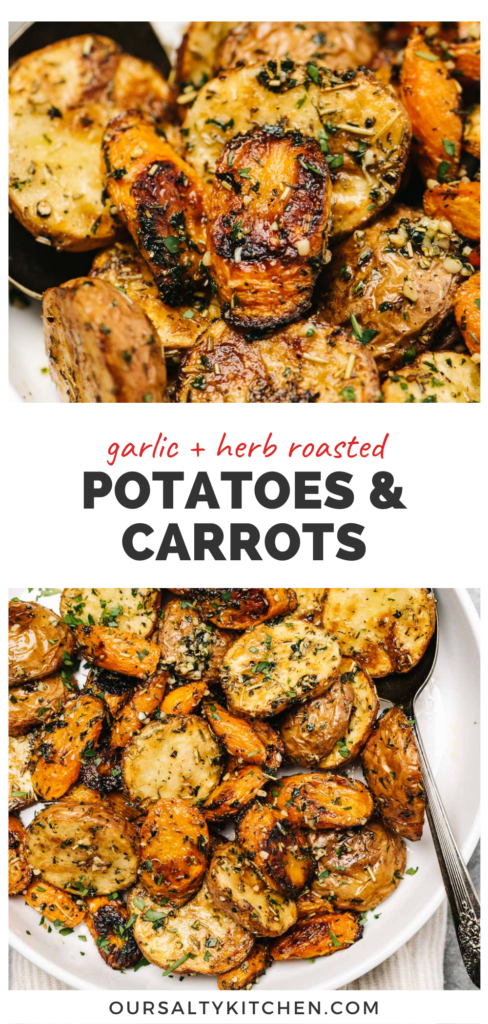 Pinterest collage for garlic and herb roasted potatoes and carrots.