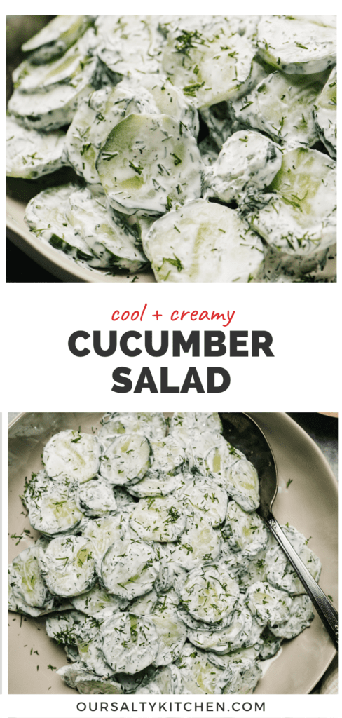 Pinterest collage for a creamy cucumber salad recipe.