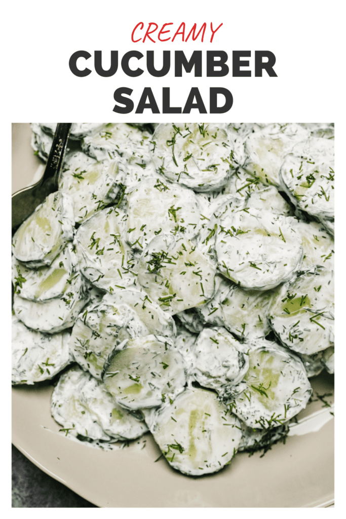 Pinterest image for cucumber salad with sour cream and dill dressing.