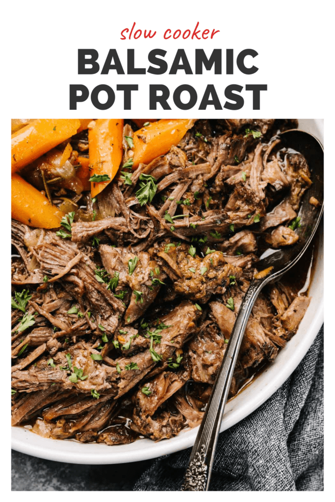 Pinterest image for a slow cooker pot roast recipe.