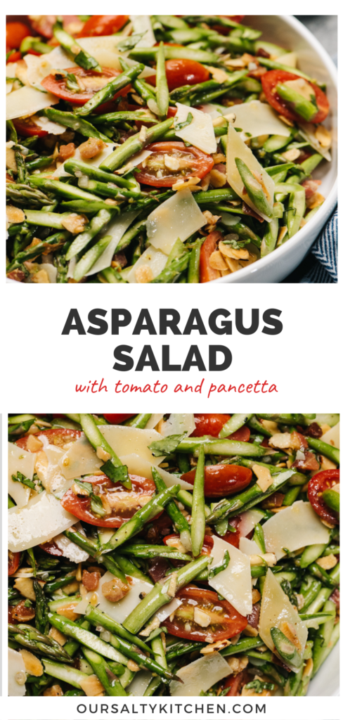 Pinterest collage for an asparagus salad recipe with pancetta and parmesan cheese.