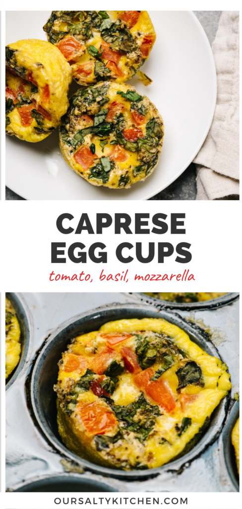 Top: egg muffin cups on a white plate, bottom: egg muffin cups in tin, middle: white batter reading "caprese egg cups".