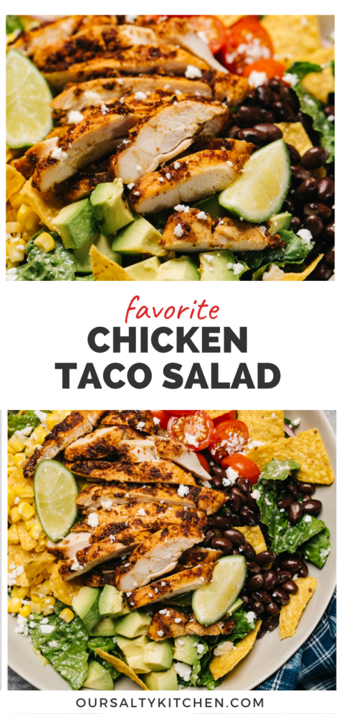 Pinterest collage for a chicken taco salad recipe.