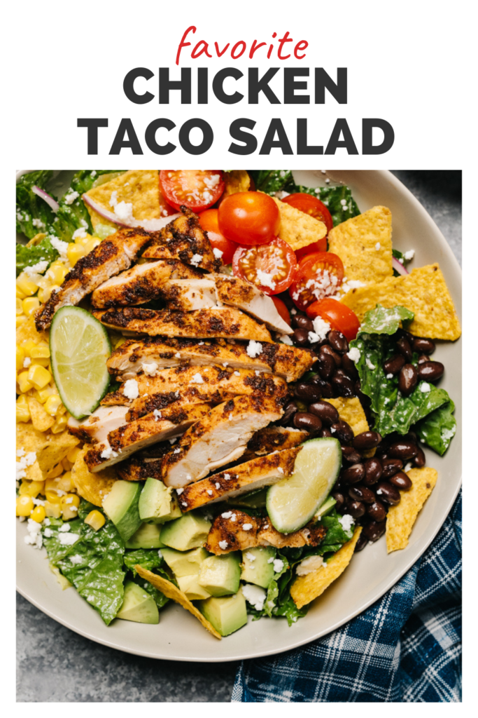 Pinterest image for a taco salad recipe with oven baked chicken.