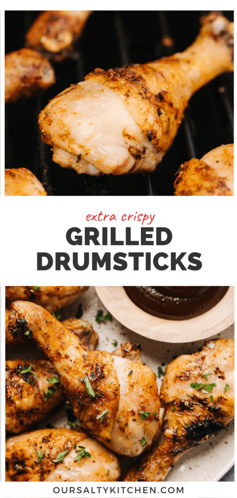 Top pic chicken legs on grill, bottom pic finished grilled chicken drumsticks, middle banner reads extra crispy grilled drumsticks.