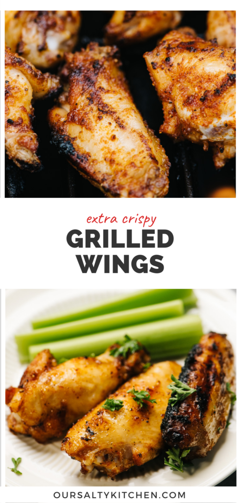 Two pics of grilled chicken wings, one on a plate with celery on the side.