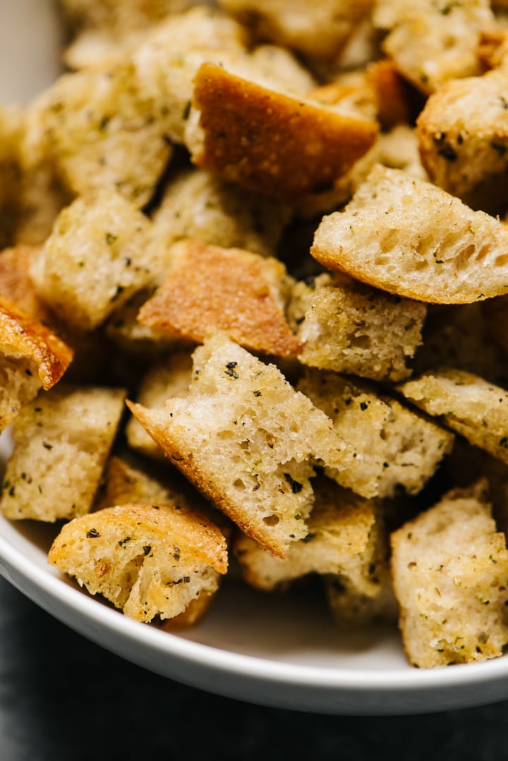 Close up of homemade croutons in a bowl. 