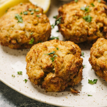 Crab cakes on a plate.